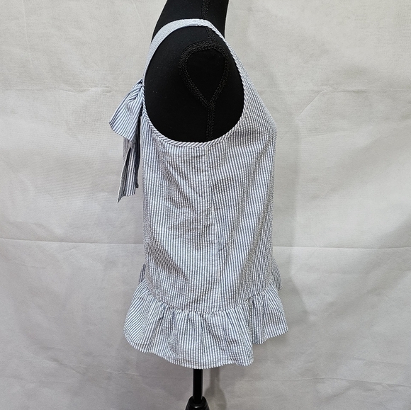 Charming Charlie Blue & White Stripped Ruffle Hem Top with Bow Accent Back Sz S - Picture 3 of 8